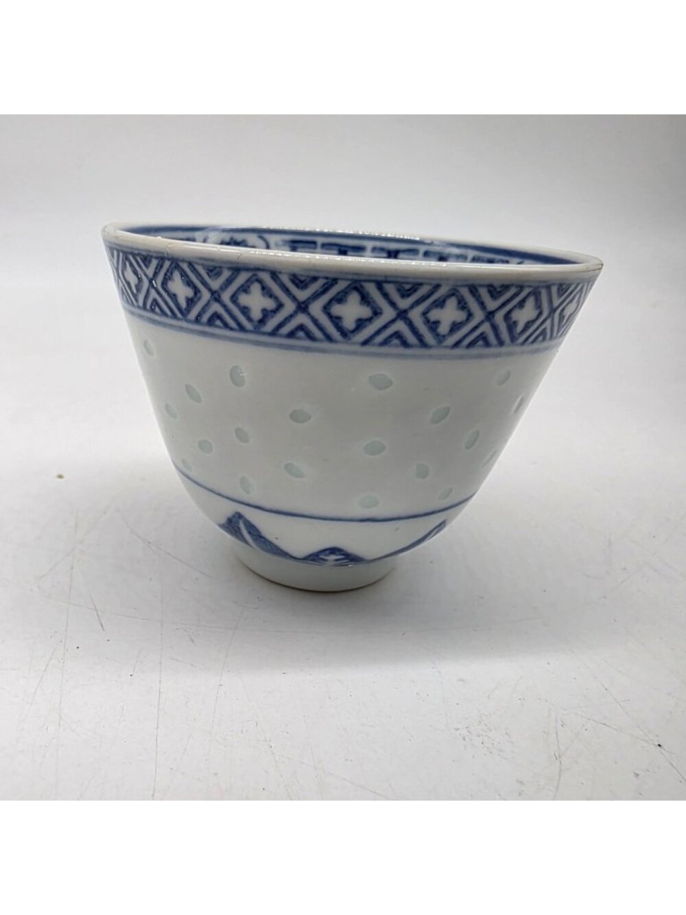 Vintage Porcelain Rice Grain Tea Sake cup CHINA Hand Painted Blue White